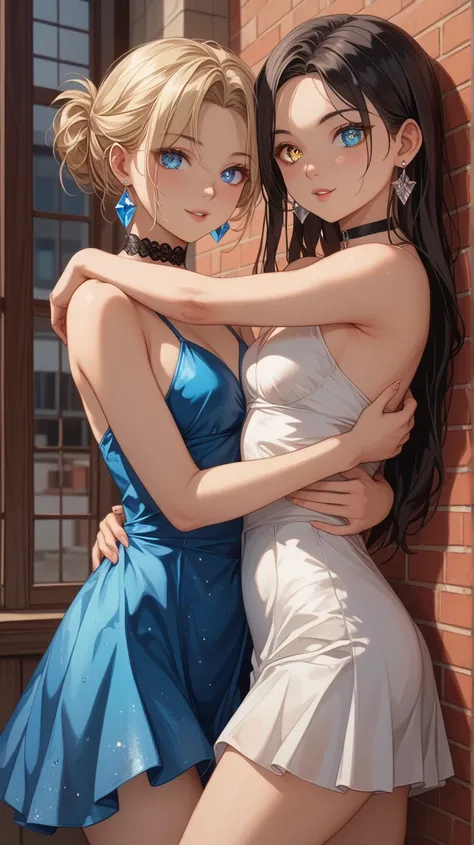 ( 2 women) 、they are hugging and leaning against the wall,( erotic scene), Beauty、Blondes、 bob hair、 straight、Sideburns、 Center-Parted Bangs、 expressive hair 、Silky Hair、 round eyes、 blue eyes、Shining Eyes、Eye Reflexes、 textured skin、flat breasts、 slim, se...