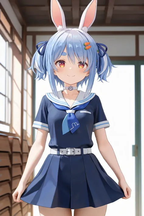 NSFW, Masterpiece, top quality, high resolution, very detailed,Usada Pekora\( Hololive\), short hair、 TWO SIDES UP、 hair clip、 white choker 、 sailor suit、 short dress、Short sleeve、 blue neckerchief 、White belt, Sex Friend,School,storehouse, seduces