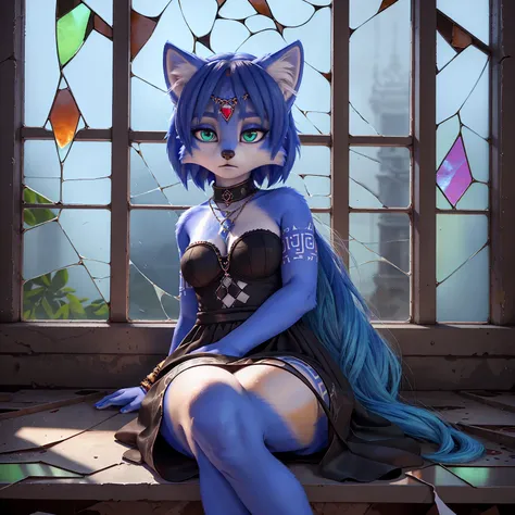 ((krystal)), Star Fox-Krystal, lovable,     green eyes, (((    long blue hair 1  .3))), Decollete, anthro, blurred,  detailed Fluffys fell,    detailed face  , (Fluffy),     1 girl, ,woman, Goth,     green eyes, Undercut,   ultra-realistic 8k CG    ,     m...