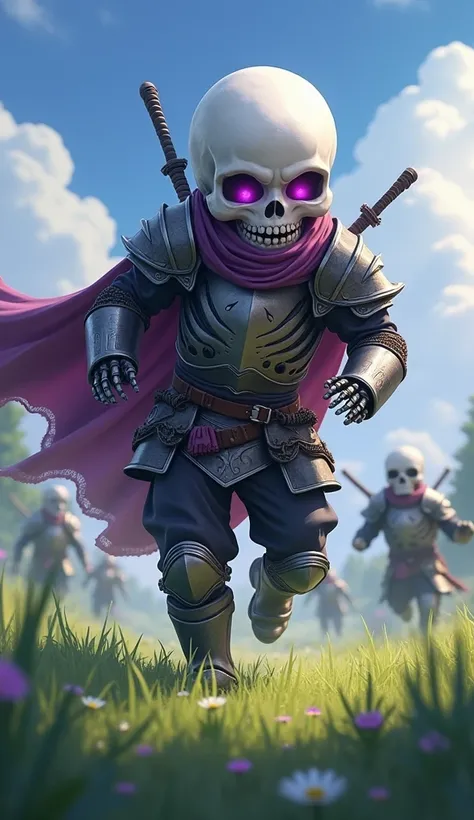 Baby, skeleton, Anime 2.5D, Fundo Black and White, relampago roxo,  purple sparkles on the eyes, ,warrior, full and worn armor ,,game art, ((2 Heads Tall )), anime, Purple aura hangs in the air around you..Running through a green field. Lutando contra warr...