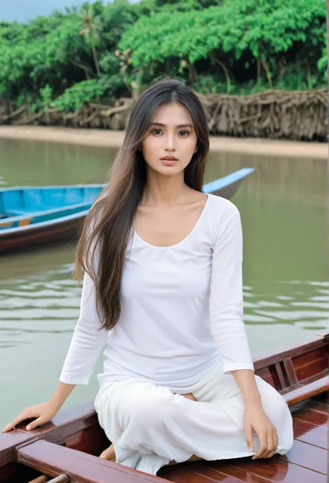 Arafed woman with long hair and white top sitting on a boat loong innocently to the observer