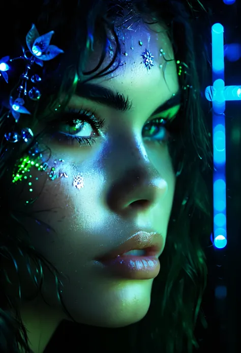 portrait |  wide-angle view of the eyes on one side of the frame, clear, Teri Hatcher( 20 years old),  looking into the distance  |  daydreampunk with glowing skin and eyes ,  styled with headdress ,  beautiful,  it is flooded with neon lights , sehr farbe...