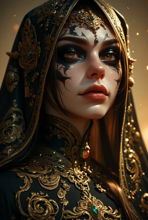 hyperrealism, elven girl, a stunning photo of a gorgeous necromancer female Aerenal Elf, gold and black robes, face warpaint, skull face paint, gorgeous, 8k HD, detailed skin texture, ultra realistic, textured skin,. (maximum ultra high definition image qu...