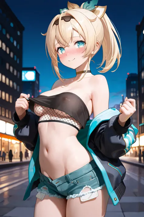 NSFW, Masterpiece, top quality, high resolution, very detailed, Kazama Iroha\( Hololive\), hair ornament、 Hair Band 、 ponytail, jacket , crop top, off shoulder, denim shorts, fishnet,Groin,Underboob, night entertainment district,Around town,Embarrassed,blu...