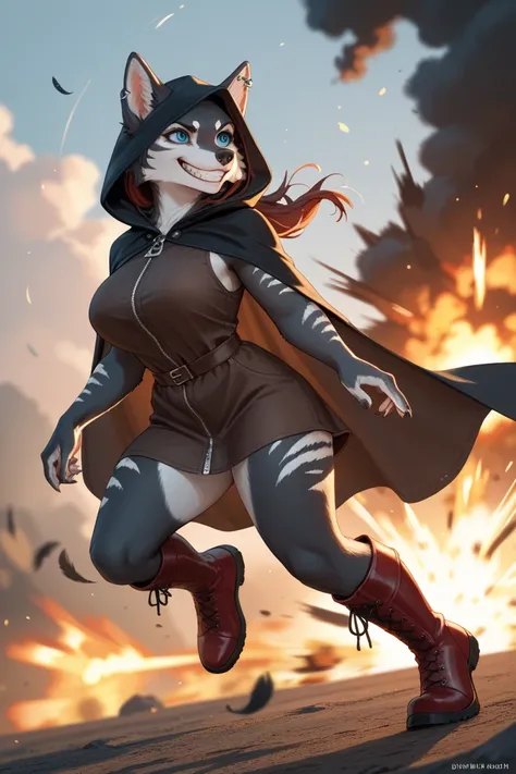 Anthropomorphic female wolf
Medieval fantasy
Blue eyes
Black hooded cloak
Hood is pierced to let ears through 
Black feather sewn on hood
Brown Leather tunic, zipper, sleeveless
Red boots

Black fur
Red dye on ears and around the eyes
Three white stripes o...