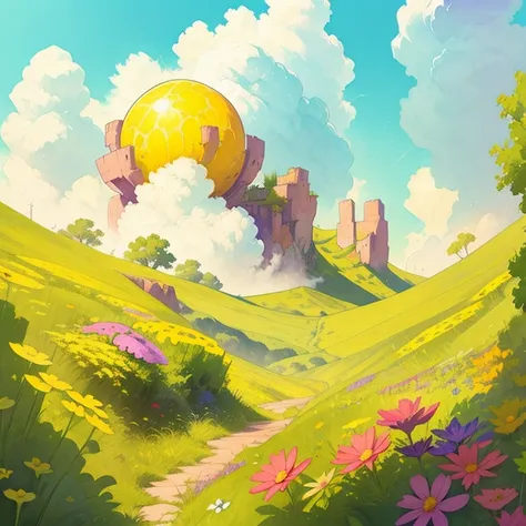  Create a background image that is a purple meadow, with yellow and red flowers. the sun is in the middle of the image, there are colored and white clouds, and there is a giant rainbow. the style of the image is drawing ,  Stunning digital illustration ,  ...