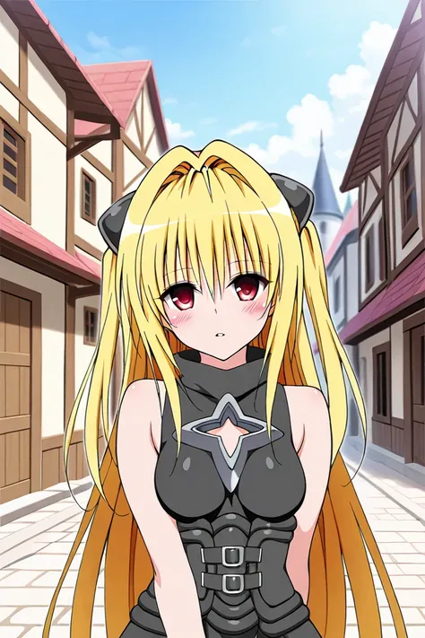 love-ru, konjiki no yami, 1 girl, red eyes, detailed eyes, embarrassed face, bright yellow hair, masterpiece, highest quality, excellent quality, Female 1 girl, alone, sidelocks, bare arms, sleeveless, black bodysuit, bare shoulders, masterpiece, best qual...