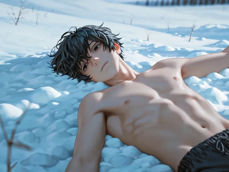 1boy, male focus, short messy black hair, black eyes, shirtless, he is lying down on the snow, atmospheric, depth of field, bloom, high resolution, masterpiece, best quality, detail, HD, high details, high quality, refined, dynamic