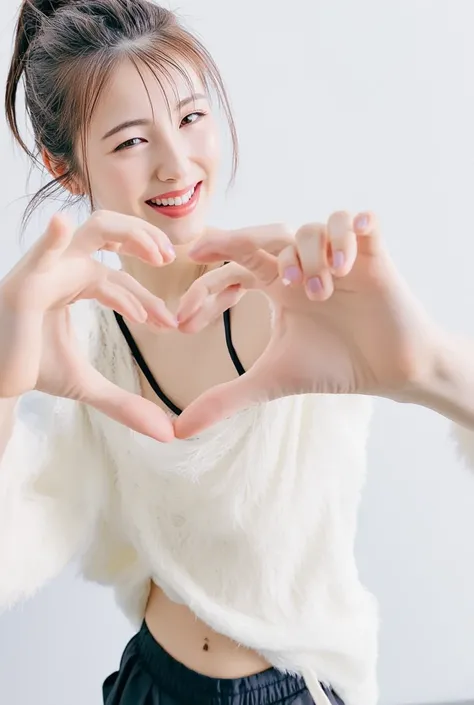 A woman with a cute smile is cute,  fluffy off shoulder pajamas,  make a big heart with both hands , Pose with your arms in front of your chest, View above the collarbone、 The background is monotone 
swimwear
