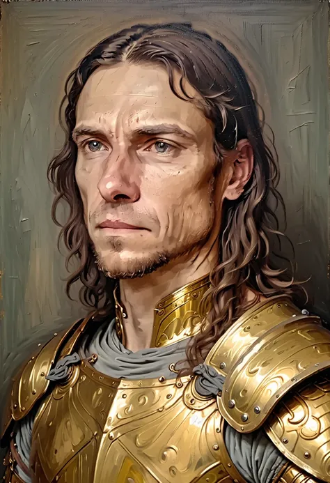 
oil paint of half-length portrait of 30yo man in ancient gold armor (@alexmd) , (Leonardo DaVinci painting style)