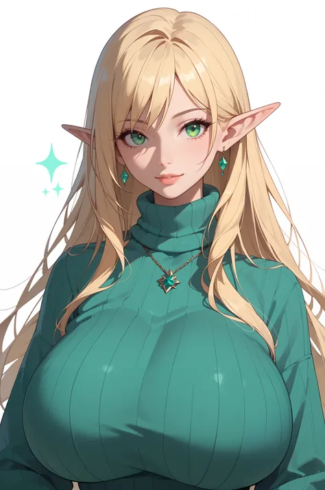 
score_9, score_8_up, score_7_up, 1girl,solo, upper body,looking at viewer, white background, voluminous long blonde hair, elf,  woman, gigantic breasts, sweater, mint green eyes, masterpiece, best quality, amazing quality, very aesthetic, high resolution,...