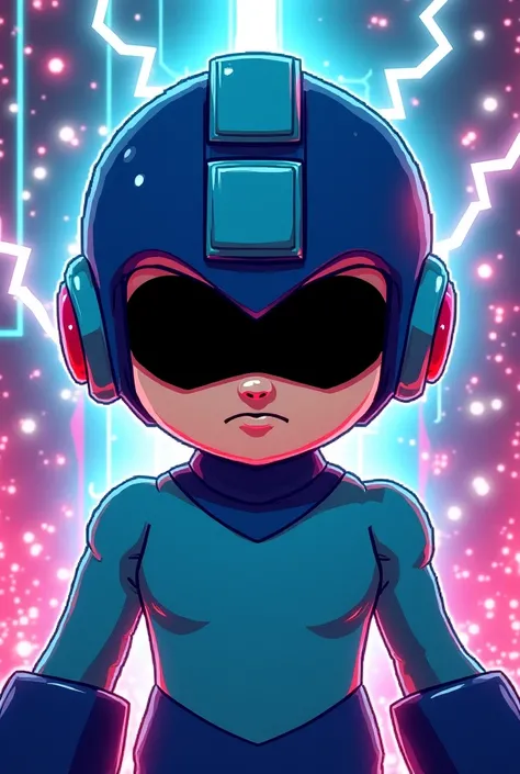 Give me an image of the Mega Man box with completely black glasses and that this pixelated one is for a YouTube channel for the cover and that is super electric