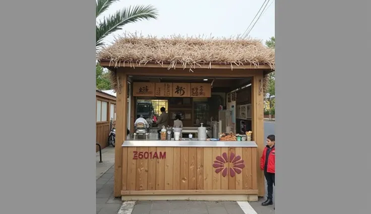 restaurant , market ,restaurant ,Several booths ,  Dark brown ,Leaf roof components from ,  covered in leaves from dry brown, both top and bottom. , Keep it close to the prototype in the picture., There are 10 stores ,