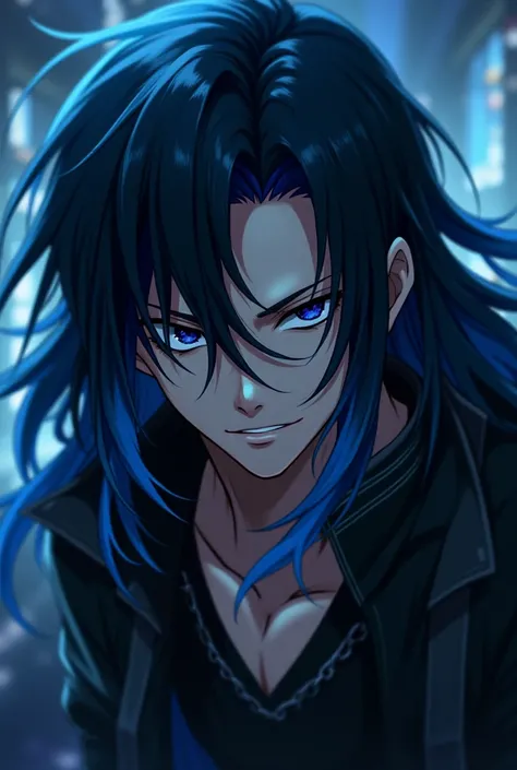 A man with long black hair with blue anime style tips 