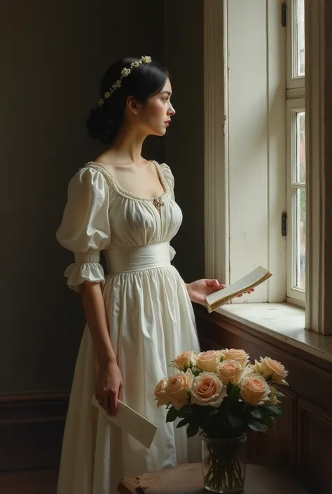 oil painting of A sad dark haired woman in a simple white regency dress with high neckline and high waistline standing in a dark room in from of an open window with white trim with a letter in her hand, looking into the distance, there is a broken vase on ...