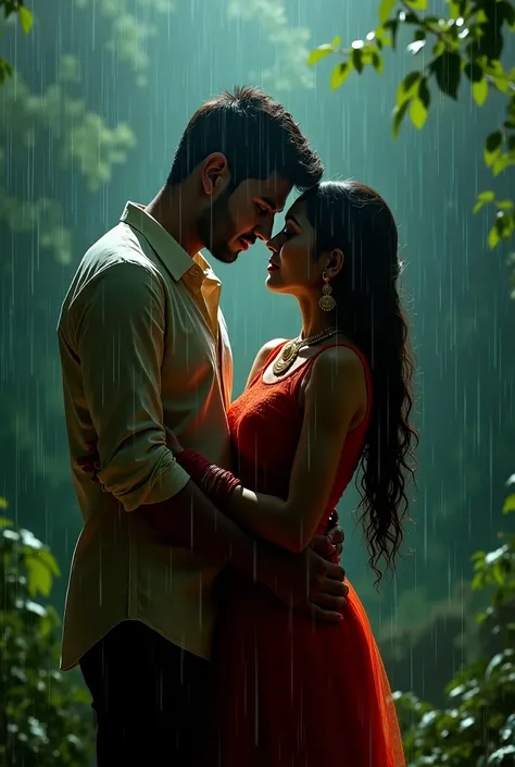 indian young couple romantic Love in havy rain