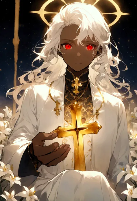  a dark-skinned boy sitting in the middle of a field of white flowers,  he has hair with defined white curls and bright red eyes, She wears elegant white clothes ,  he wears a golden cross pendant ,  holds in one hand a golden energy with a shape similar t...