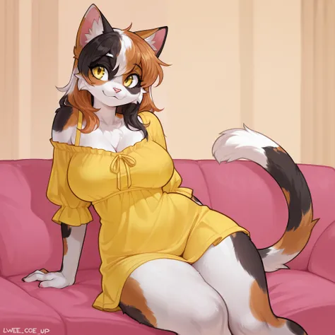 Furry calico cat, calico cat, woman, feminine, casual clothes, lazy style, weed, yellow eyes, solo, lazy, curvy