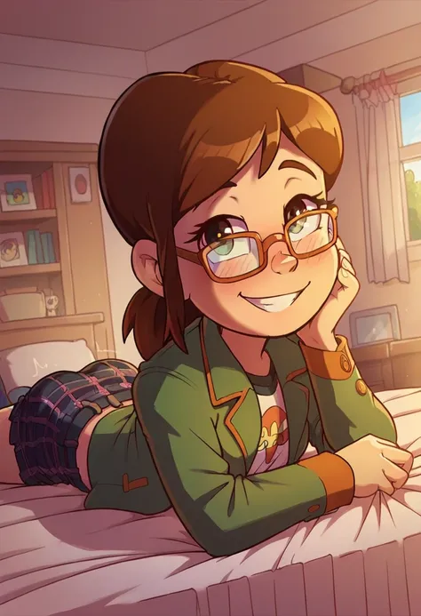 1girl, Margo, brown hair, ponytail, jacket, glasses, plaid skirt, looking at viewer, light blush, smile, perky, cute smile, indoors, bed, bedroom, straight-on, lying, on stomach, showing her butt, butt Shaking, twerking, heartbeat