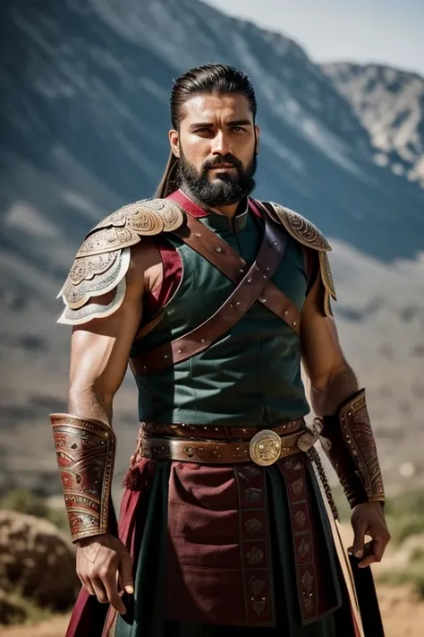 A strikingly handsome 30-year-old man with a chiseled jawline and piercing hazel eyes, Ertugrul Ghazi commands attention with his powerful presence. With his well-groomed black beard and charismatic smile, he exudes confidence and strength. Dressed in trad...