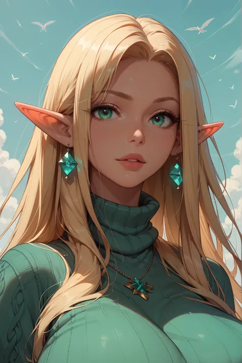
score_9, score_8_up, score_7_up, 1girl,solo, upper body,looking at viewer, white background, voluminous long blonde hair, elf,  woman, gigantic breasts, sweater, mint green eyes, masterpiece, best quality, amazing quality, very aesthetic, high resolution,...