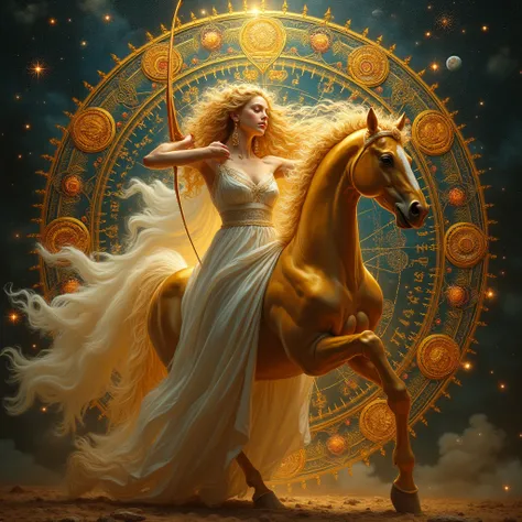 image (realistic, fotorrealistic, fotorrealistic: 1.37) Sagittarius is in the middle of the galaxy .  The upper part of the body is a beautiful young woman ,   with long blonde and curly hair who wears an ancient Greek-style white cape . This cape wavy in ...