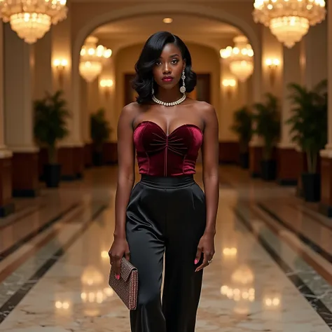 A curvaceous Black woman in a velvet corset top in deep burgundy, paired with high-waisted satin pants in jet black and pointed-toe pumps. She accessorizes with a pearl choker and a structured clutch, her hair in a chic bob with a side part, standing in a ...