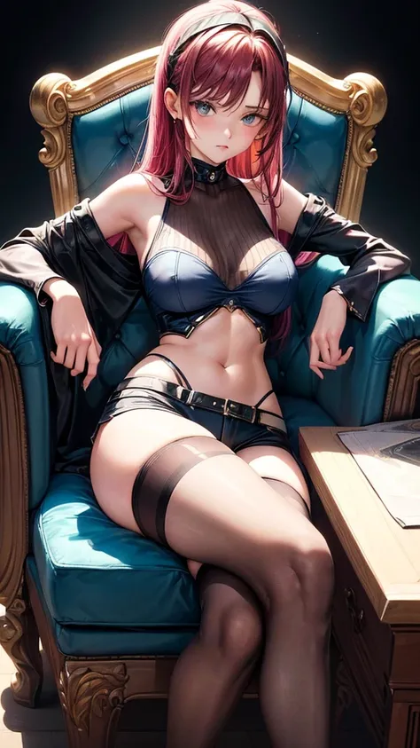 (best quality, masterpiece:1.2, top image quality), girl with (21-year-old, neon clothing, black navel off cut top, blue short shorts, thigh high stockings, best bust, bust, club background,   seated on a chair or sofa with one leg elegantly draped over th...