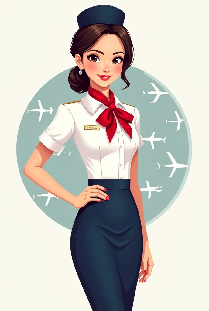 Create a logo for "Ruth's Travel Agency" with a beautiful filipina young flight attendant.