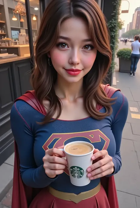 (DREAMY BLUE ANIME YES) FULL TOP DOWN POV VIEW OF a BLUE EYED ASIAN JAPANESE GIRL holding a cup of STARBUCKS coffee, anime girl in real life, realistic young BRUNETTE girl, portrait of cute BRUNETTE girl, cute natural anime face, kawaii realistic portrait,...