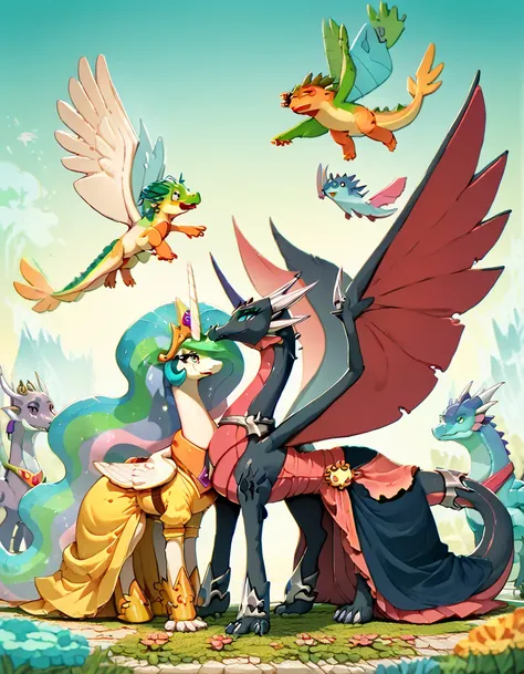 Full rein Dragon black princess Celestia cynder women huge wings and huge tail full body dragon.