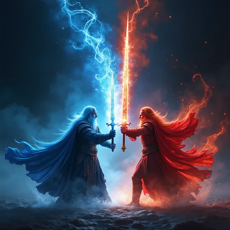 Create an image of two warrior wizards ,  one blue and the other red , Faced with an all-black background with the title Kgnith of the Ocean