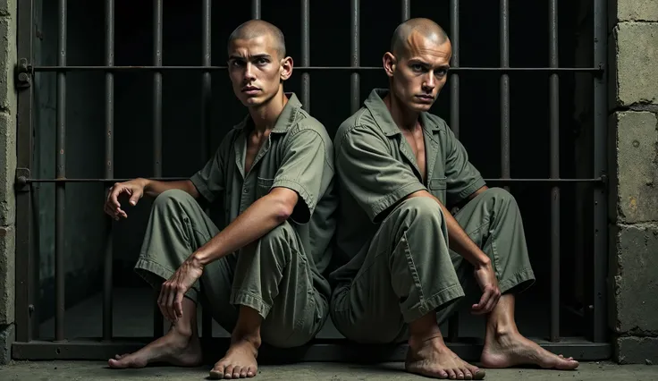 8K, UHD fullbody photo of two 18 years old bald convicts leaning very relaxed in very different poses on the dark prisonbars of a dark old prisoncell, very different unshaven faces, very dirty black and white horizontal striped prisonjumpsuits, barefoot, v...