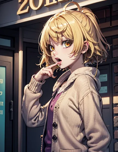 blonde_hair,orange_eyes,(shy),hand_over_mouth,white_shirt,pink_cardigan,station_platform,open_mouth,hime_cut_hair_style,bangs_of_the_same_length,straight_bangs,short_side-bangs_both_side