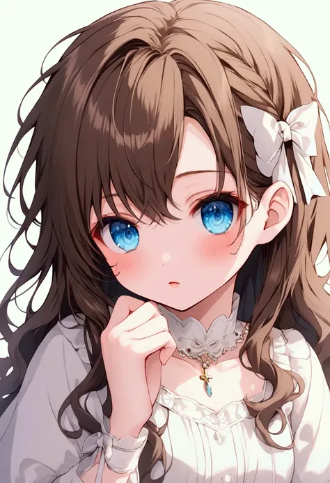 Young girl with delicate features, thin but cute face, light white skin with a slight blush, glowing light blue eyes, long, slightly wavy brown hair, wearing a light pink and white warrior rpg dress