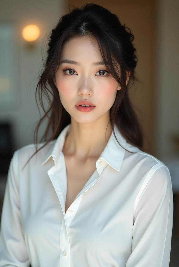 Beautiful asian sexy woman wearing a white shirt, professional fashion photoshoot, hyperrealistic, masterpiece, indoors, room, standing, facing front