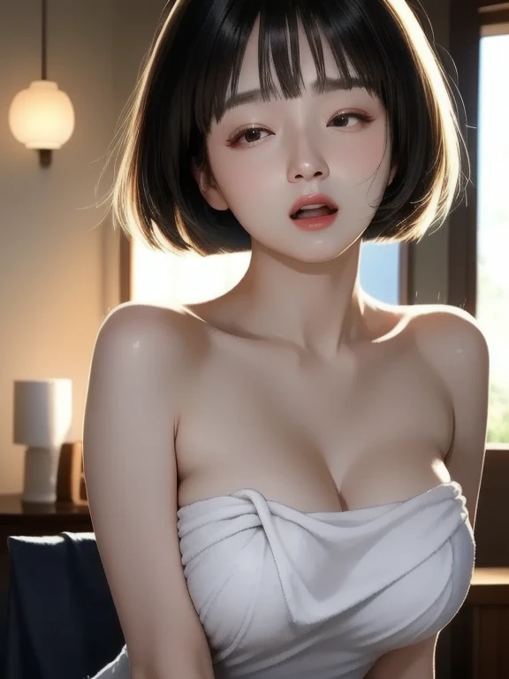 (sweat:0.7),Light yellow wedding dress,white short skirt,woman,japanese,exquisite face, beautiful face,bare shoulders,shoulders slightly exposed,translucent skin,black eyes,black hair,(photorealistic:1.4),realistic details, high resolution,bokeh,outstandin...