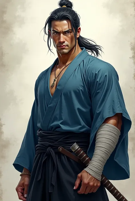 handsome samurai, brown eyes and medium hair with ponytails slightly gray hair, right arm completely bandaged,  athletic body, wearing blue kimono, and thick black pants , Poorly groomed and thinned beard, It looks a bit old