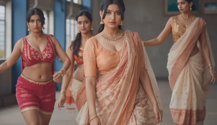 extreme oil body skin with glowing .Sexy indian Bride's group with big breast and big butts exhausting brightness with realistic scene colorful bikini and saree costume , exhausting 👠 , closeup dance in an Indian train station.
