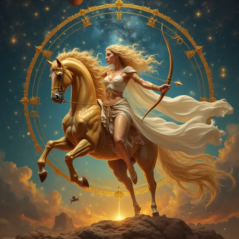 image (realistic, fotorrealistic, fotorrealistic: 1.37)  of a Sagittarius who is a half-horse being, half woman.   the upper body  (head ,  chest and arms ) She is a beautiful young woman ,  with long blonde and curly hair who wears an ancient Greek-style ...