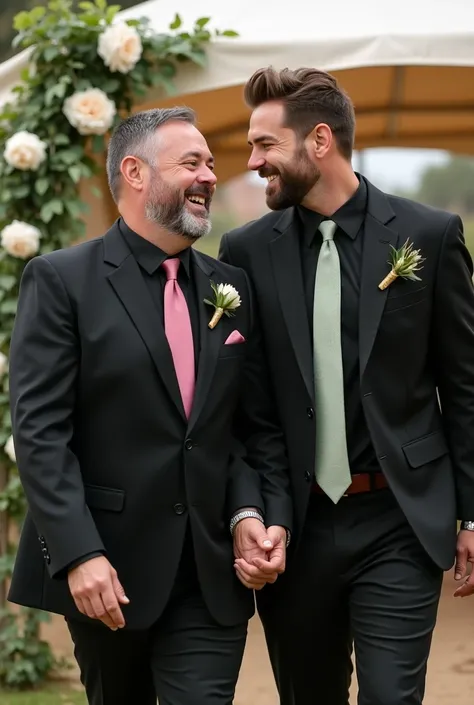  Mature man in his 40s with short hair and short beard , tall and plump , wearing a black suit with black shirt and pink tie ,  holding the happy hand of a handsome white young man in his 30s , tall and muscular,  with short and straight brown hair , with ...