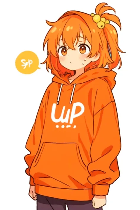 Draw a boy in an orange hoodie with a pattern of these two people