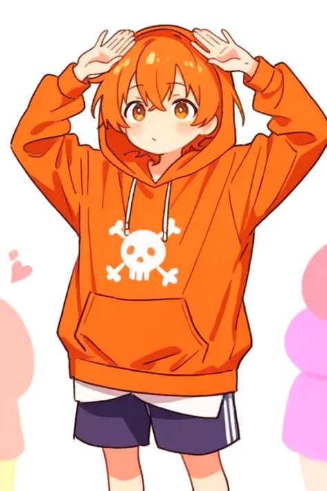 Draw a boy in an orange hoodie with a pattern of these two people