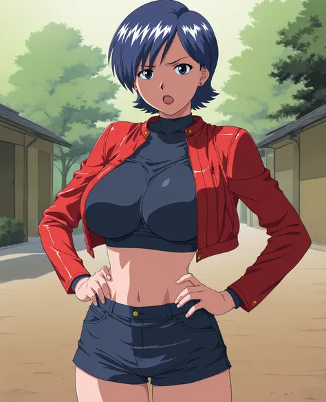 1girl,solo,mm,mature female,short hair,blue hair,blue eyes,lipstick,earrings,large breasts,anime coloring,
crop top,red jacket,shorts,looking at viewer, hands on own hips, frown,open mouth, outdoors
,masterpiece,best quality,amazing quality,