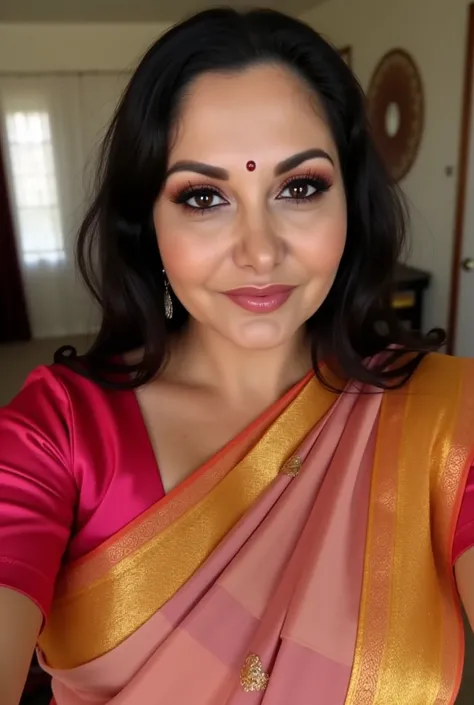 Big breast chubby homely Indian wife in saree taking selfie in bindi at home