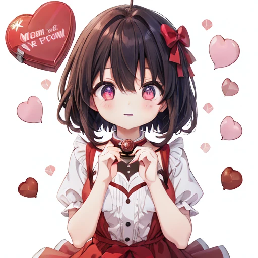 (((32K))), (((  has a heart background ))), ((( ))), ((( cute ))), (Beautiful high quality eyes ), ( cute smile), ((( dress))), (  Valentine ), ((A heart that has chocolate)), 