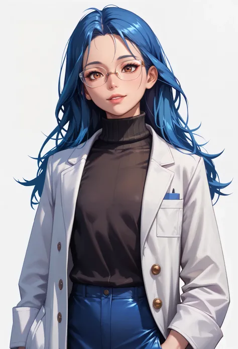 ((White background )) (Curve:1.1) rathing_safe ,((1girl)) , (solo girl) ,((Straight and blue shiny hair)), Slim face (straight blue long hair:1.2), lip stick, (brown eyes:1.2), Age 29 years ((Asia girl))  (Wearing glasses) ((white lab coat:1.4)) ((Black tu...