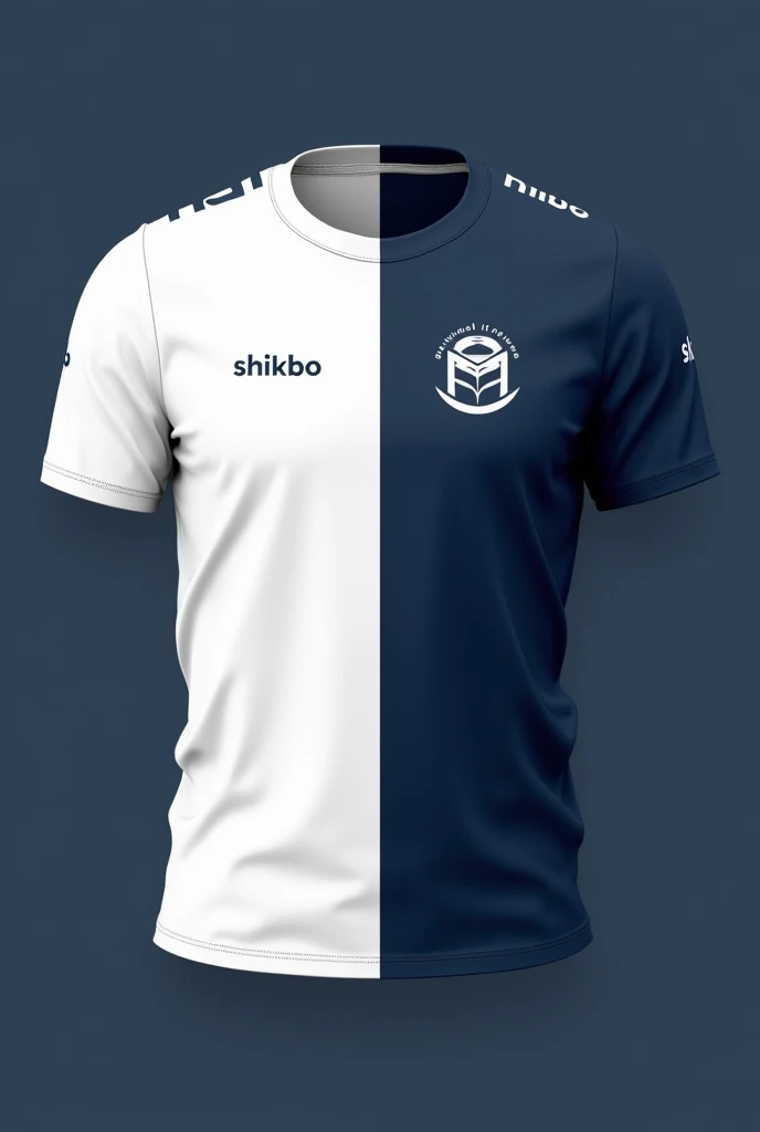 Simple t shirt design, white and dark blue colour mix, writing on the corner "shikho" not big write that like a logo. And on the middle writing "Shikhbo Jitbo". Make it simple not many ai thing. It should be aesthetic, on background add simple book sport l...