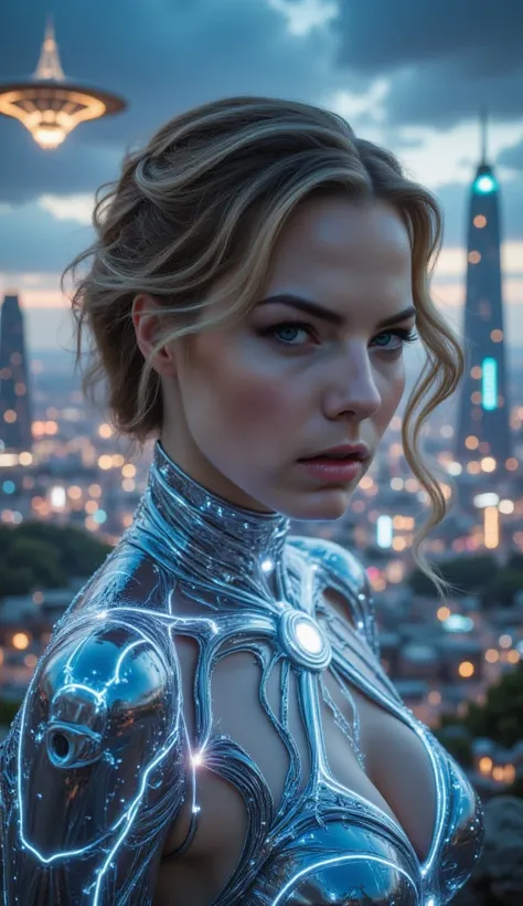 Ultra-realistic, cinematic portrait of an ethereal blonde woman with striking blue eyes that seem to glow softly like sapphires in the dim light. Her hair is styled in a gravity-defying cascade of shimmering silver strands infused with microscopic holograp...