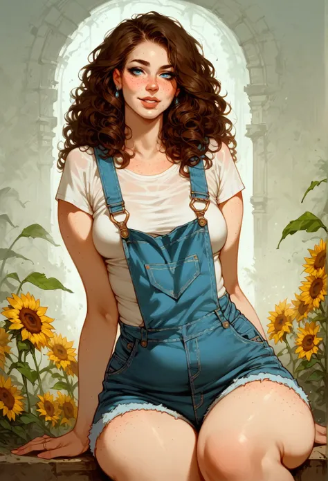 surreal background, solo, 1woman, ((pale skin)), ((freckles)) small breasts, curvy hips, thick thighs, brown hair, long curly hair, blue eyes, innocent eyes, sunflower overall shorts, sitting, hip focus, mature, ((human face)), chubby, septum ring, half un...